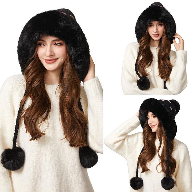 Knitted Hat Women's Thick Wool Collar Wool Hat Plush Three-Ball Warm Hat