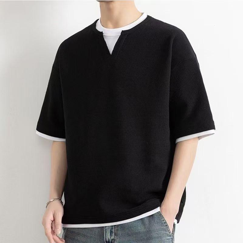 Men's Waffle Knit Fake Two-Piece Short Sleeve T-Shirt Casual Loose Crew Neck Top