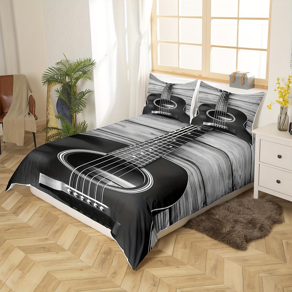Erosebridal Guitar Duvet Cover Music Theme Bedding, Vintage Guitar On Wooden Floor Comforter Quilt Cover Modern Decoration Retro
