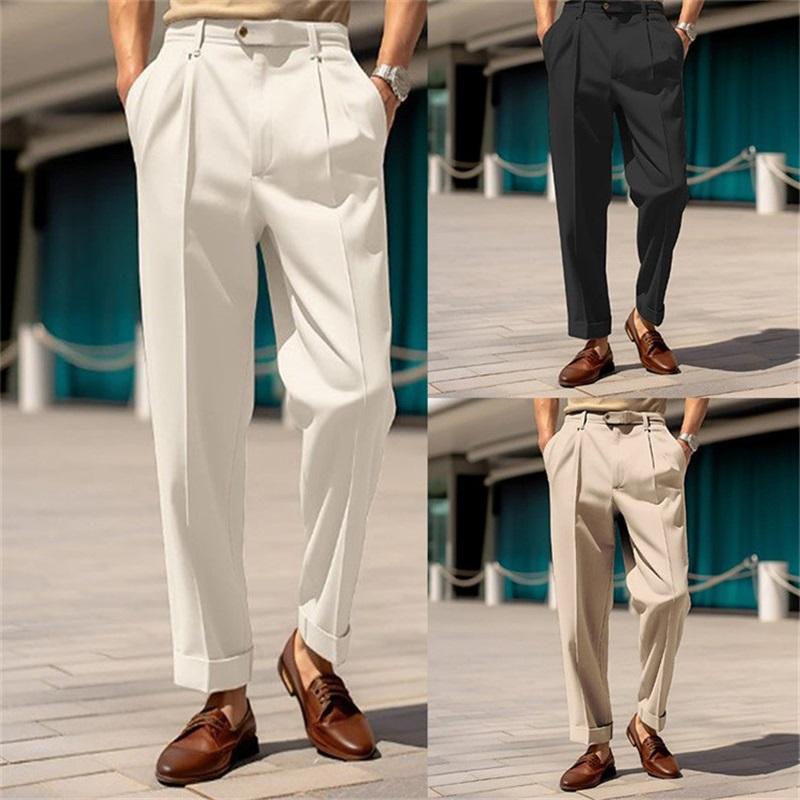 Men's Formal Wear Bottoms, Mid-waist Buttons, Straight-leg Plain Color, Comfortable Outdoor Daily Outing Business Suit Pants