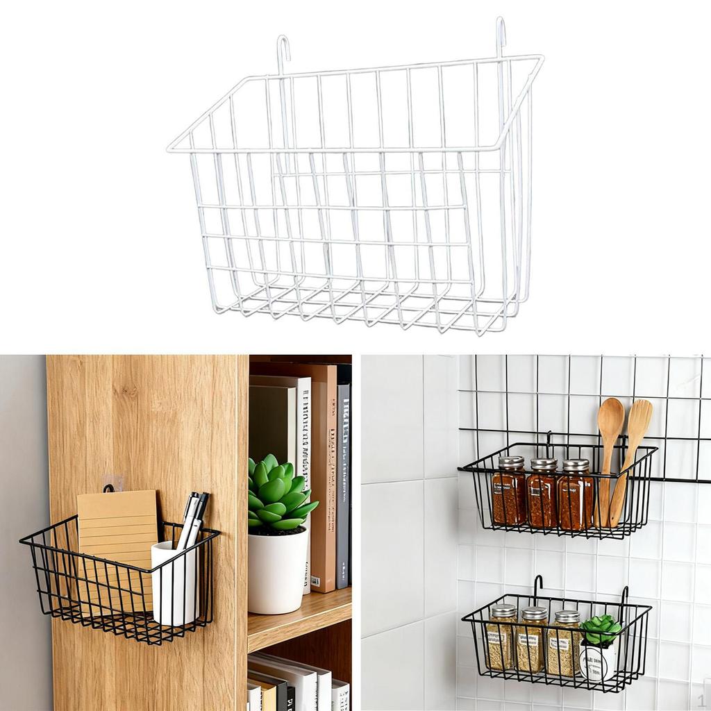 Metal Hanging Wire Basket Cosmetic Organizer Kitchen Grid with Hooks for Office