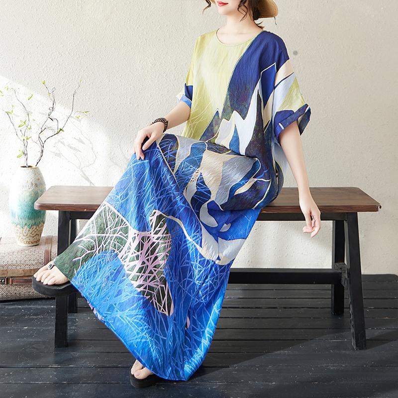 Dimanaf 2025 Summer Women Plus Size Dress Basic Casual Dress Loose Vintage Printing Long Beach Short Sleeve Dress