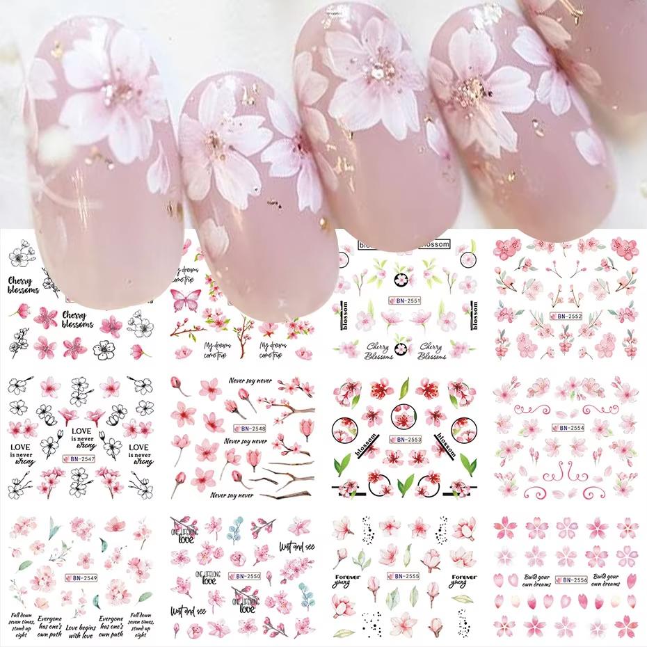 

12 Design Sakura Flower Nail Water Stickers Pink Cherry Blossoms Nail Slider Decal Floral Leaves DIY Spring Manicure Decoration