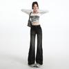 Jeans negros americanos de micro-tiro para mujer, nuevo diseño de borde crudo de primavera, cintura alta sin campana