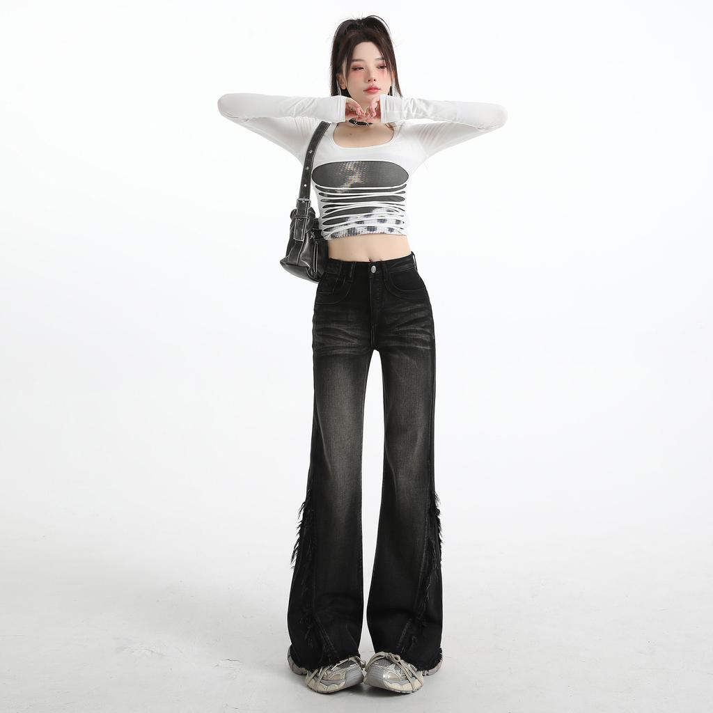 Jeans negros americanos de micro-tiro para mujer, nuevo diseño de borde crudo de primavera, cintura alta sin campana