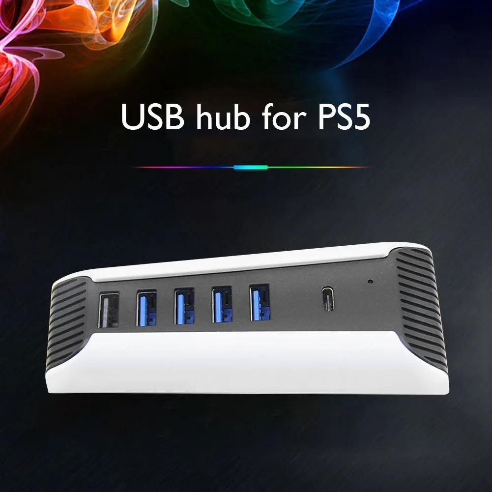 USB C Hub, 5 In 1 USB Hub High‑Speed Expansion Adapter with USB3.0 Type‑C Ports for PS5 Console, Support 4 USB Data Output Ports