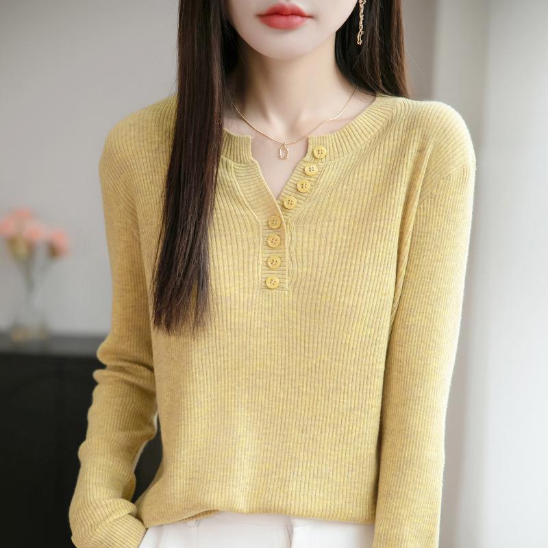Women's V-Neck Fine Wool Knitwear: Long Sleeve Pullover Sweater for Spring & Autumn