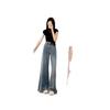 Rough edge flared jeans women's early autumn new high waist thin loose lazy American high street wide leg pants flared pants