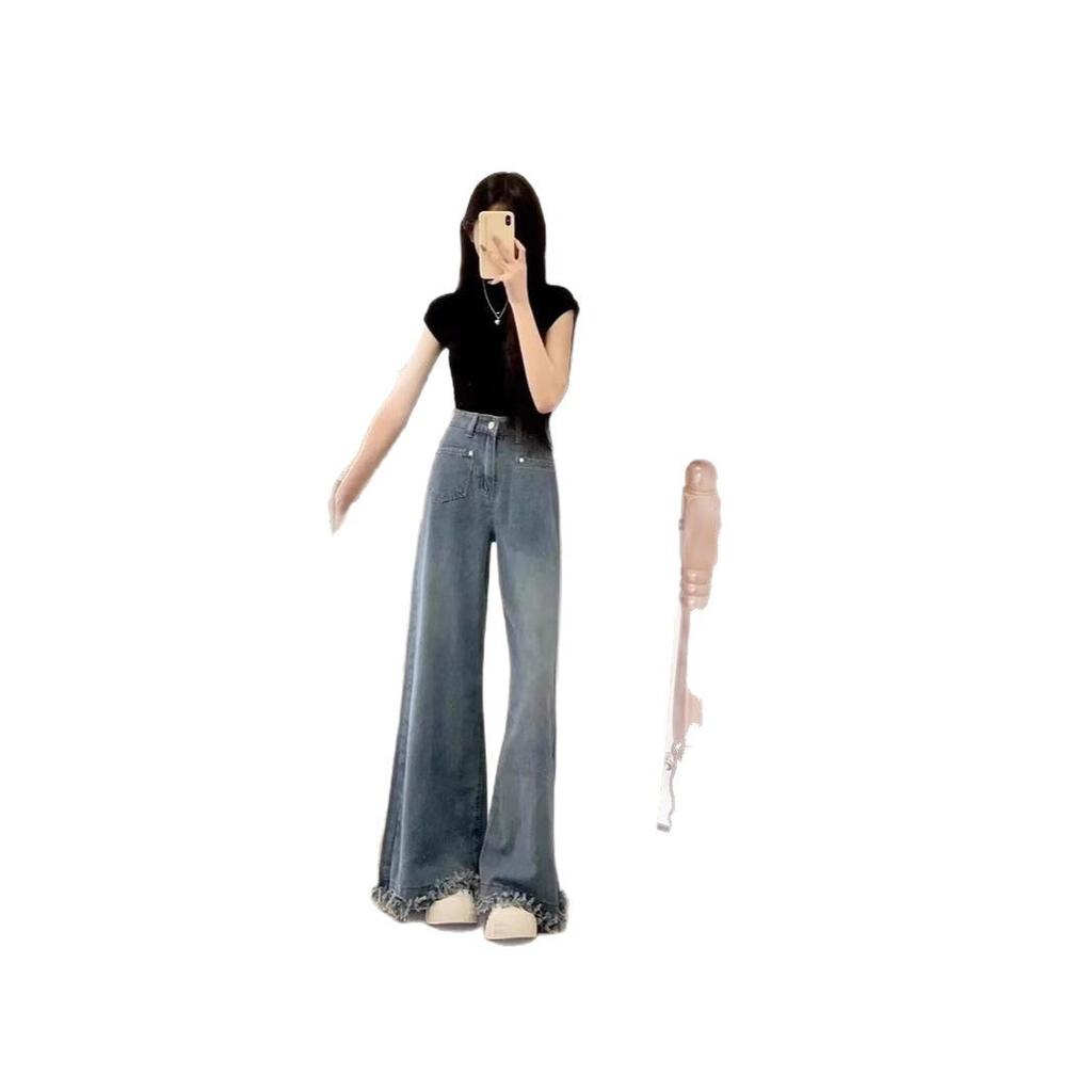 Rough edge flared jeans women's early autumn new high waist thin loose lazy American high street wide leg pants flared pants