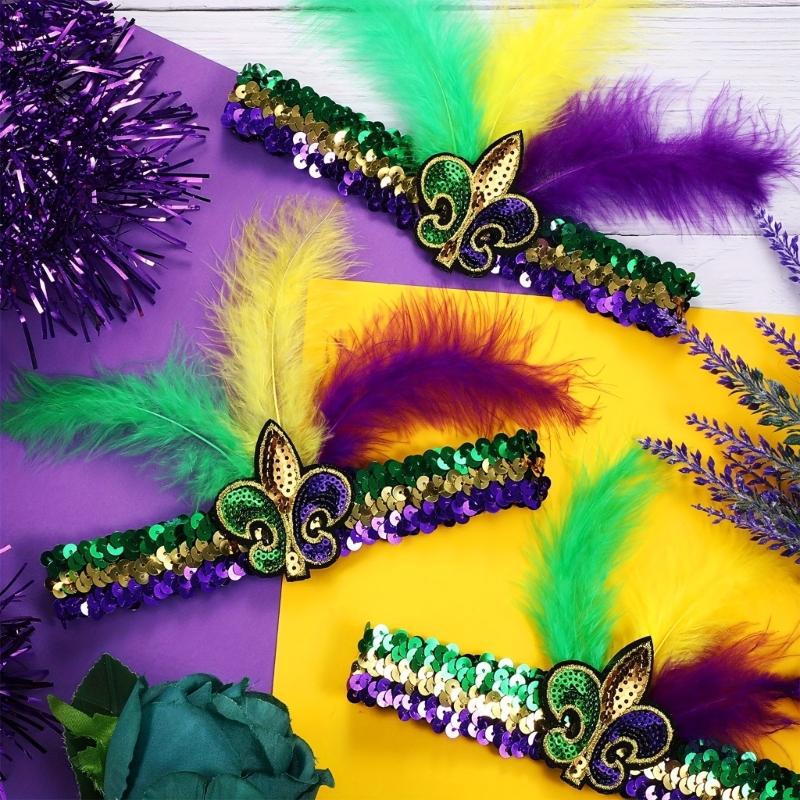Mardi Gras Costume Tricolor Eyemask Beaded Necklace Feather Headband for Event Parties Favors Carnivals Party Supplies