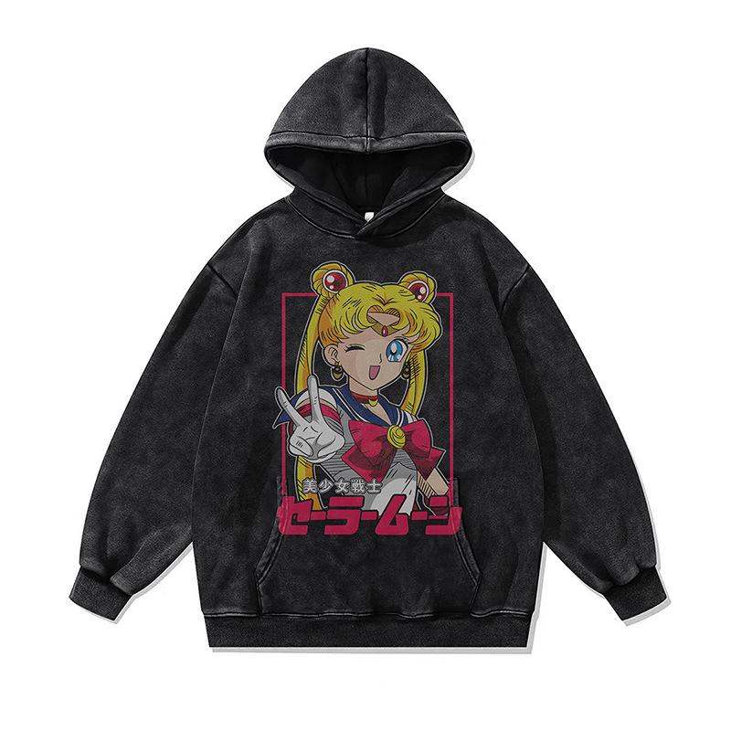 Japanese Dark Cartoon Digital Direct Injection Printing Hoodie Retro 430G Pure Cotton Loose Wash Sweater Men