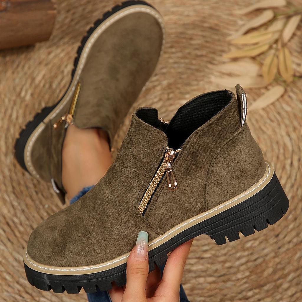 Foreign Trade New Large Size Double Zipper Platform Martin Boots Women's Cross-border Short Tube Round Head Suede Thick Heel and Bare Boots