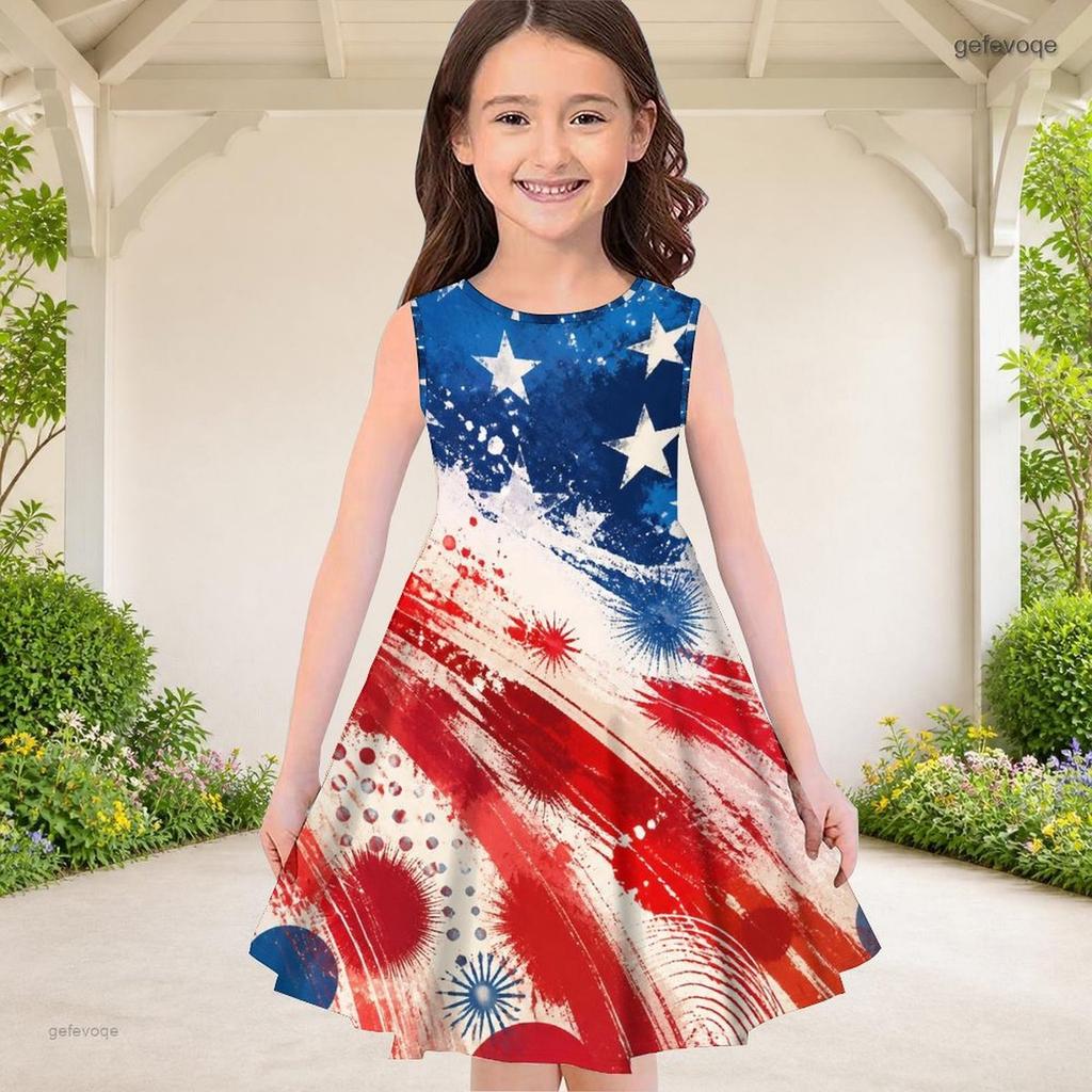 Girls Round Neck Sleeveless Navy Blue Starry Printed A Line Flared Dress