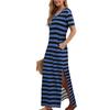 Women's Striped Side Slit Midi Dress V Neck Short Sleeve Casual Holiday Loose Dress