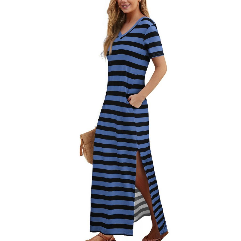 Women's Striped Side Slit Midi Dress V Neck Short Sleeve Casual Holiday Loose Dress