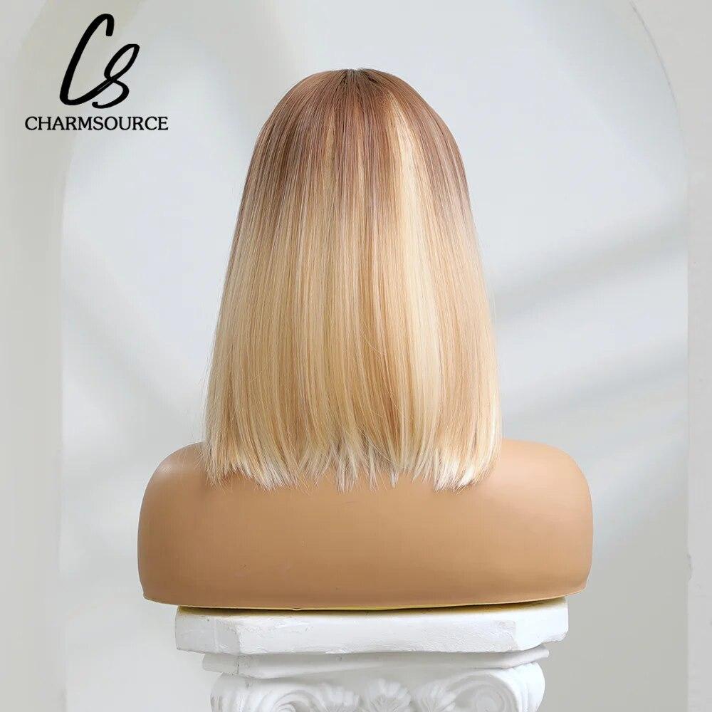 Short Straight Bob Synthetic Wigs with Bangs for Women Brown To Blonde Wig Cosplay Party Daily Heat Resistant Fiber Hair