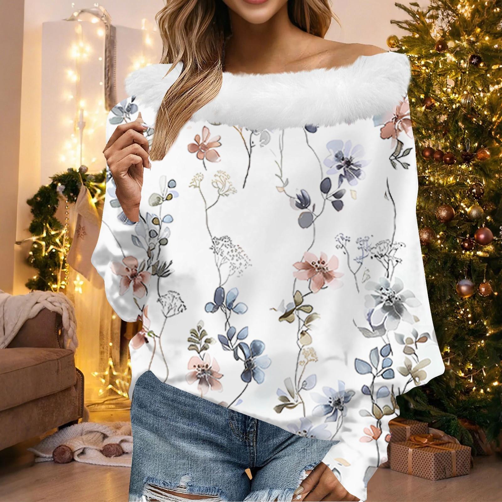 

Женский свободный повседневный топ с открытыми плечами из плюшевой ткани в стиле пэчворк с цветочным принтом и линией горловины XL белый