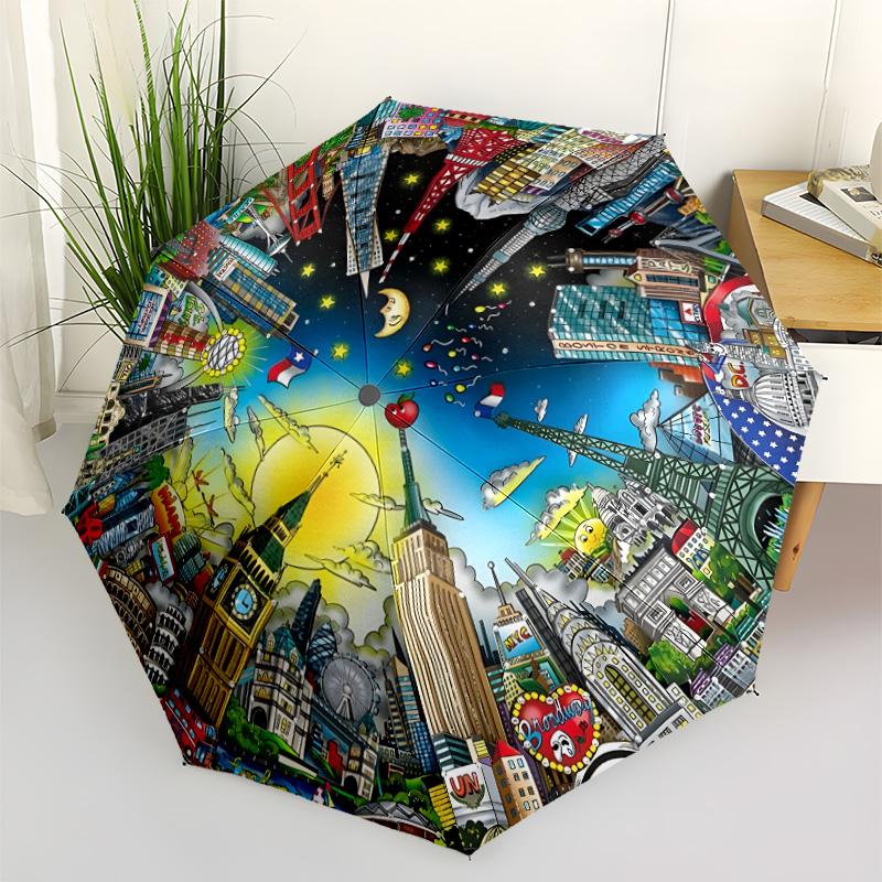 Space Symphony Portable Automatic Umbrella Sturdy 8-Rib Shaft Durable Plastic & Iron Travel Essential Fashionable Spiritual Gift