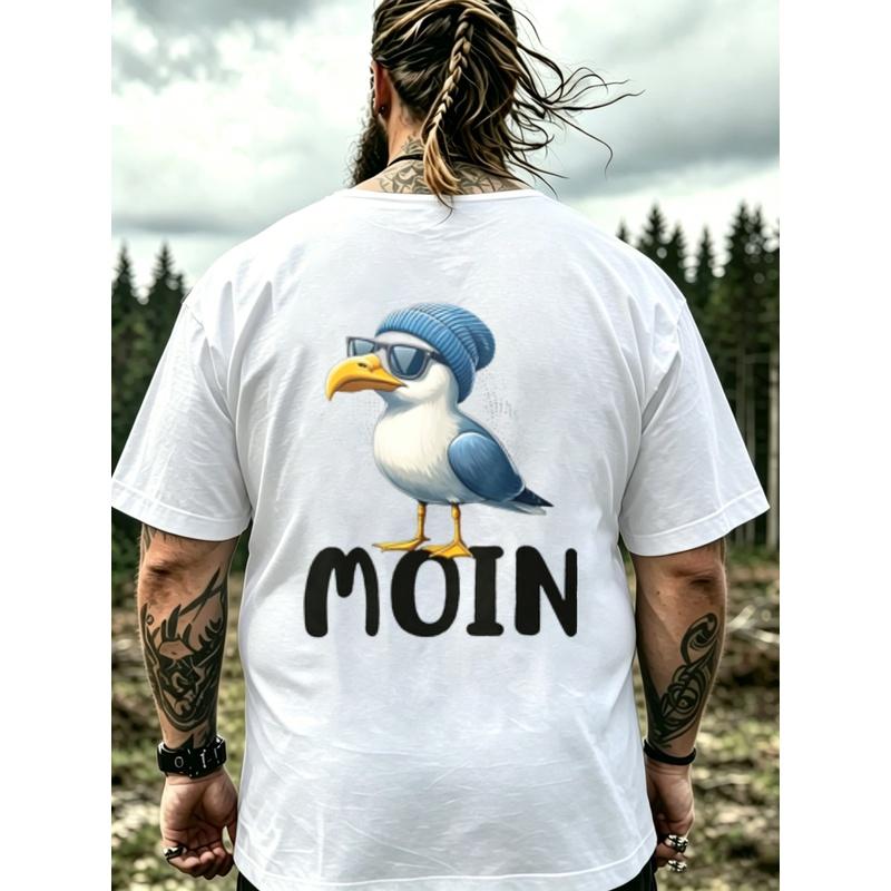 Men'S T-Shirt Black Seagull With Hat And Glasses Moin Text Casual Wear For Beach And Daily Use, Plus Size