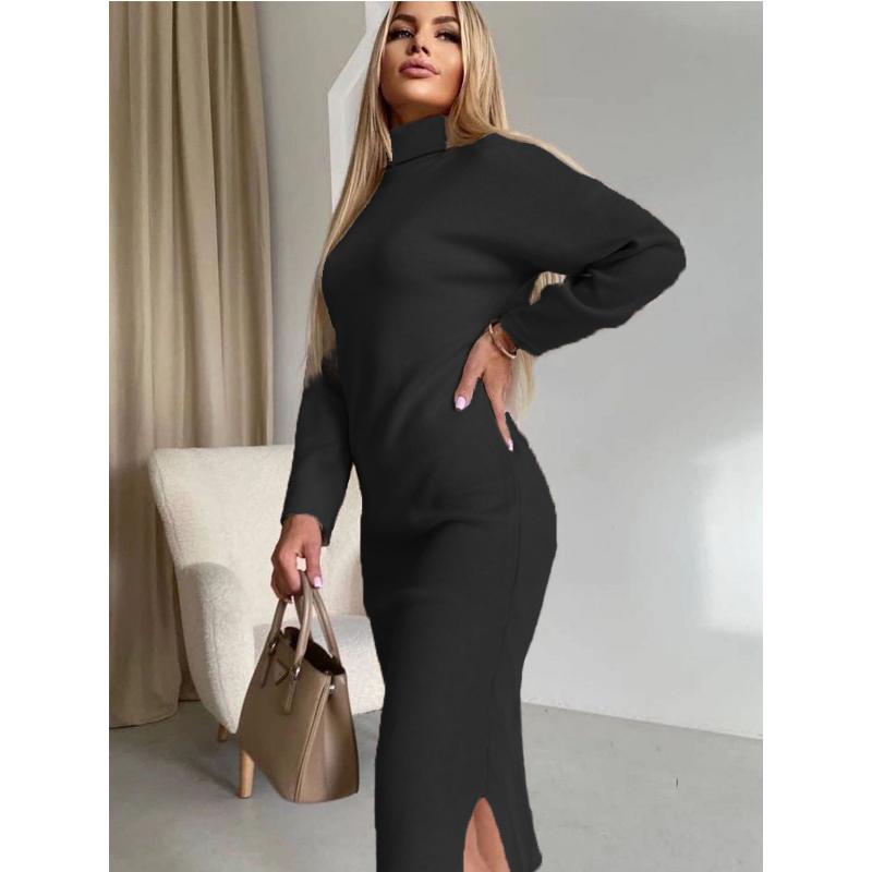 Samt-Rollkragen-Hemd für Damen Herbst und Winter Neues Kleid mit langem Schlitz für Damen