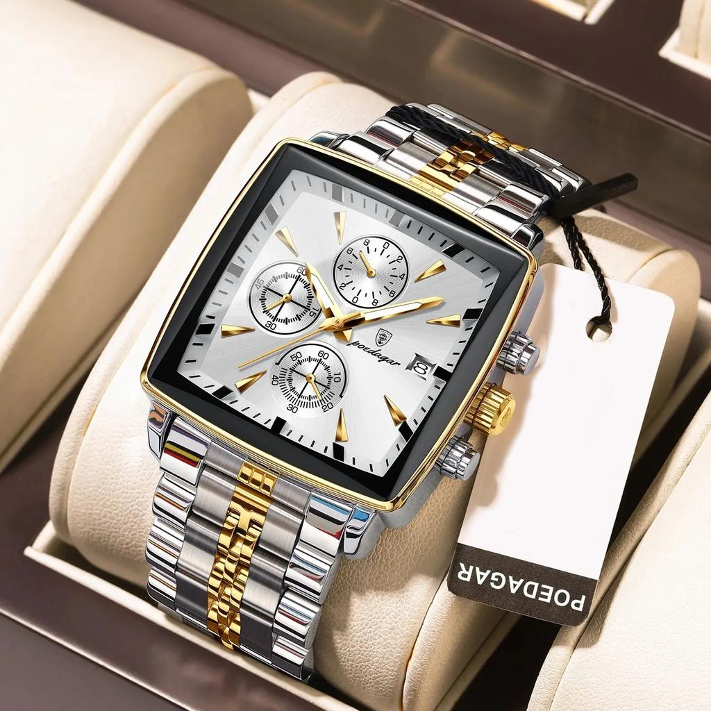 Mode Fyrkantig Urtavla Klocka för Män Rostfritt Stål Vattentät Kvarts Kronograf Herrklockor Lyx Sport Herrklocka