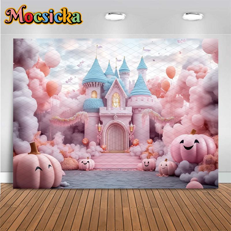 Mocsicka Halloween Photo Background Shooting Props Pink Castle Balloon Pumpkin Party Decor Photography Backdrop Studio Wallpaper