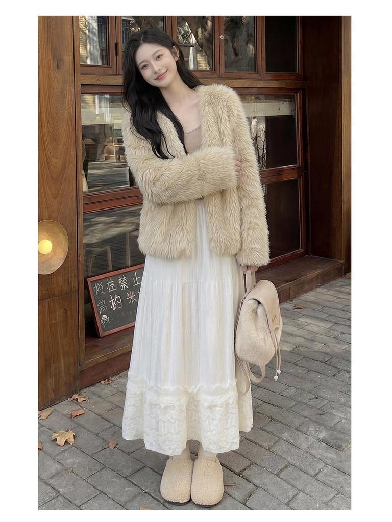 Women's White Lace High-Waist A-Line Long Skirt - Fluffy, Plush, Perfect for Spring & Autumn