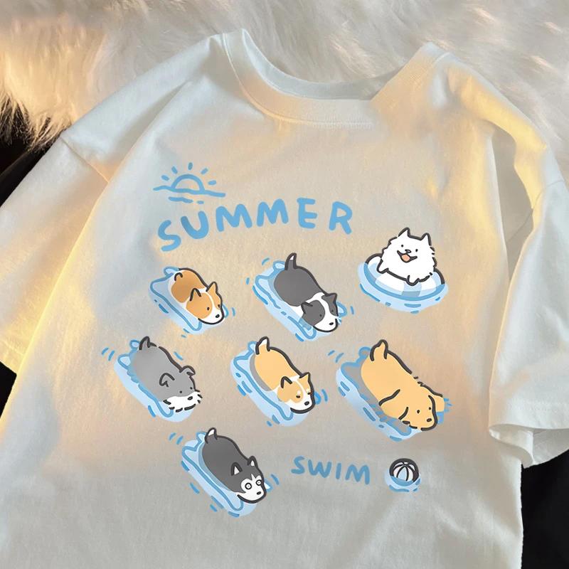 

Fun Cat and Dog Swimming Japanese Style TShirt Female Casual Loose TShirts Tops Fashion Breathable Tee Clothing S