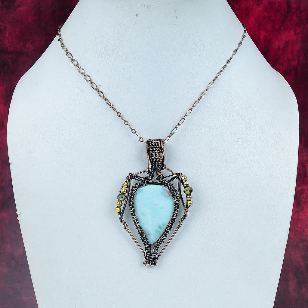 Larimar Pendant Gemstone Jewelry Copper Wire Wrapped Pendant Handmade Pendant