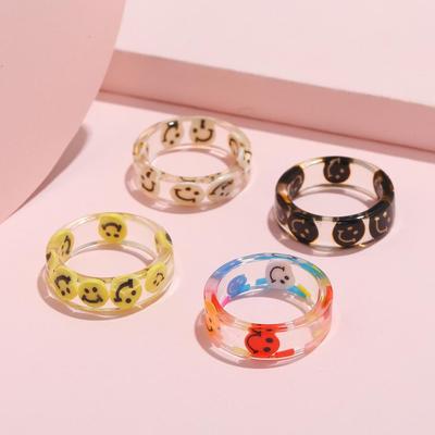 Resin Charms Small Kids Ring Colorful Smile Face Printed Circle Ring Women's Wedding Party Jewelry Anillos Gift For Friends