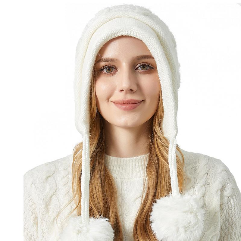 Women's Winter Thick Ear Protecting Three Hair Ball Rabbit Hair Knitted Hat Outdoor Riding Warm Hat
