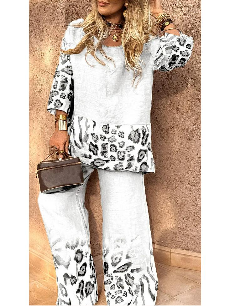 2025 Women's Casual Leopard Print Cotton Linen Two-Piece Set