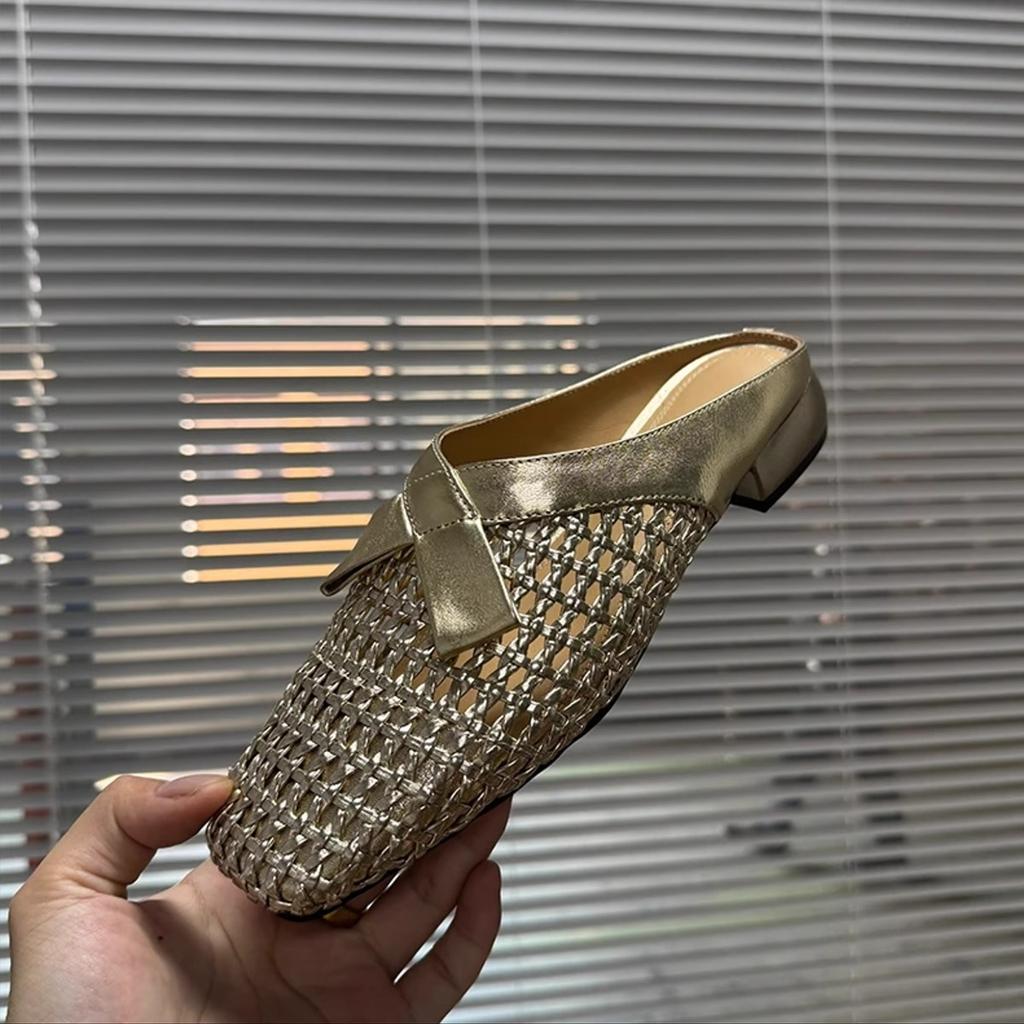 Mode Square Toe Hausschuhe Damen Sommerschuhe Luxus Pantoletten Mittlere Flechtwerkabsätze Weibliche Pantolette Cover Designer Pantoletten Weicher Block Mode