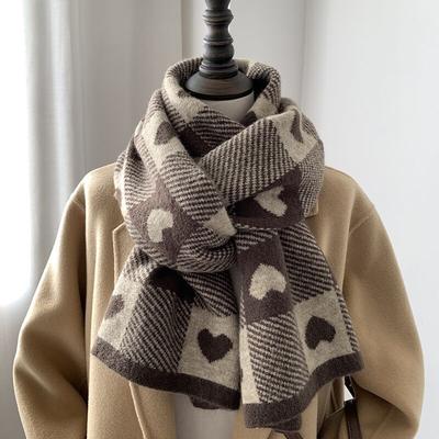 Love Plaid Scarf Women's Winter Korean Version Soft Girl Japanese Versatile Ins Trend Thickened Warm Knitted Wool Scarf