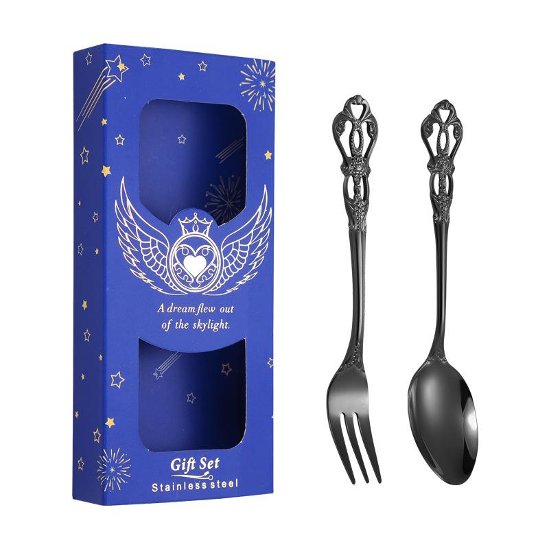 Stainless Steel Spoon Fork Two-piece Cutlery Gift Box Retro Coffee Spoon and Fork Set with Hand