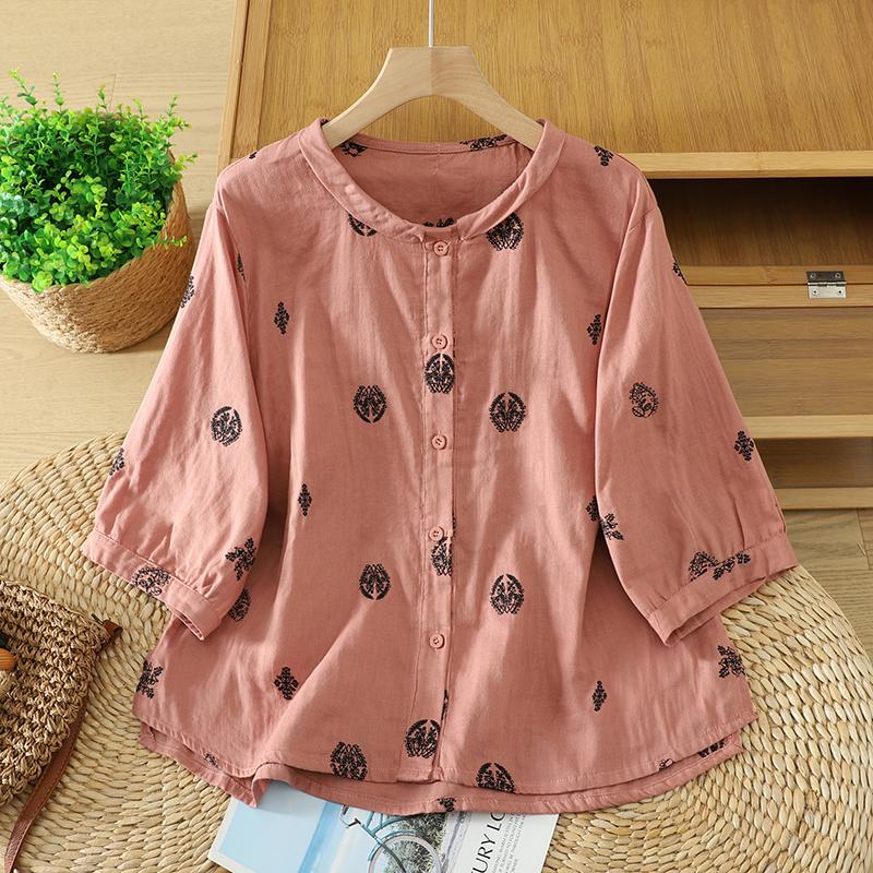 DIMANAF 2026 Plus Size Women Blouse Shirts Tunic Summer Oversize Loose Casual Cotton Linen Lady Tops Embroidery Floral