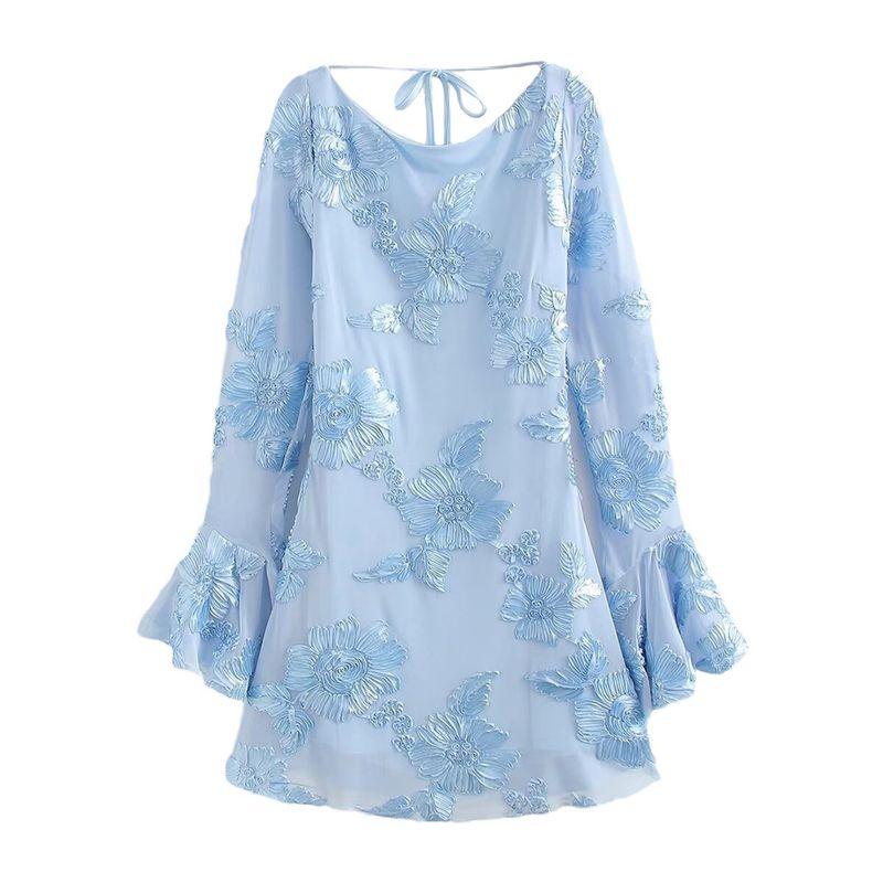 

Kaslead New Arrival Women s Clothing Fashion Style Fashion Simple Mesh Stereo Floral Decorations Long Sleeves Backless Dress Blue L