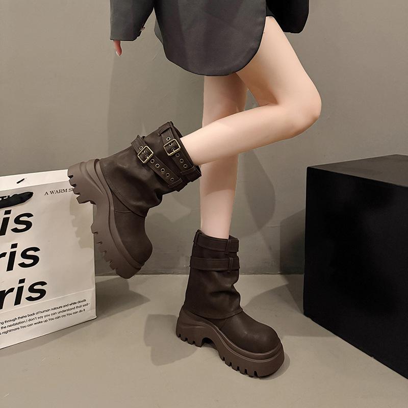 Maillard mid-tube cowboy knight boots women's 2025 autumn new small thick-soled heightened trousers Martin boots