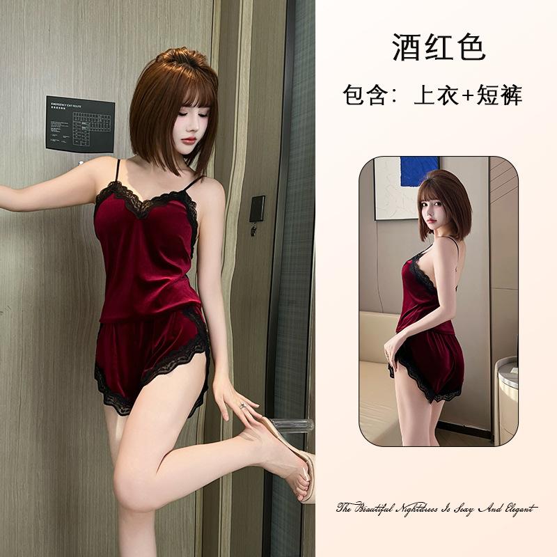 Pure desire wind velvet pajamas set lace splicing suspenders shorts two-piece set multi-color women s pajamas 990 S