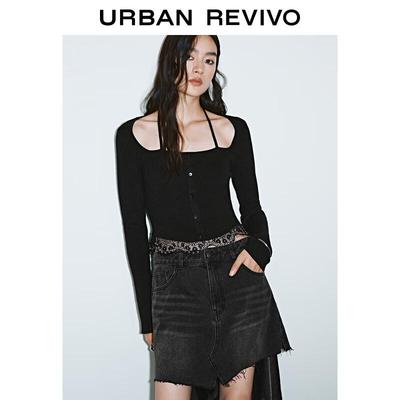 UR Women's Halterneck Spliced Lace Knit Top
