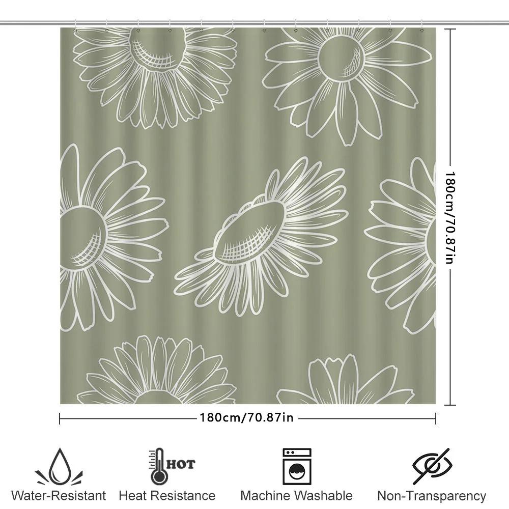 Modern Floral Shower Curtain Decorative Waterproof Washable For Bathrooms Green White Pattern