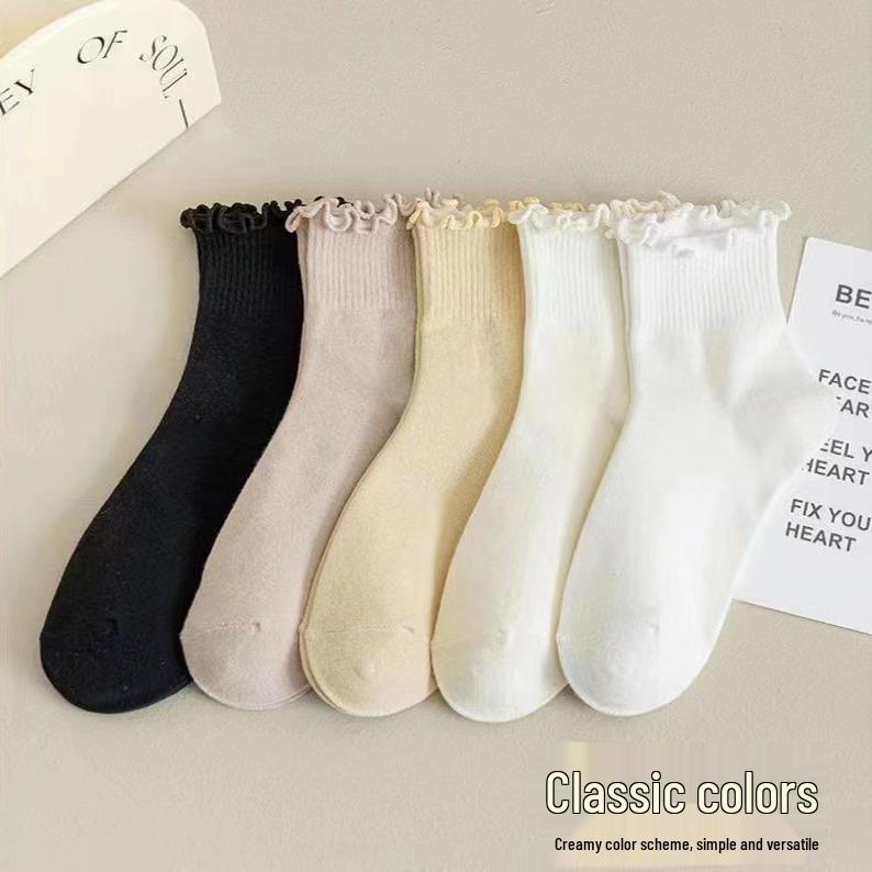 Lace-Edged Mid-Calf Socks: Four-Season Japanese-Style Solid Color Pile and Knee-High.