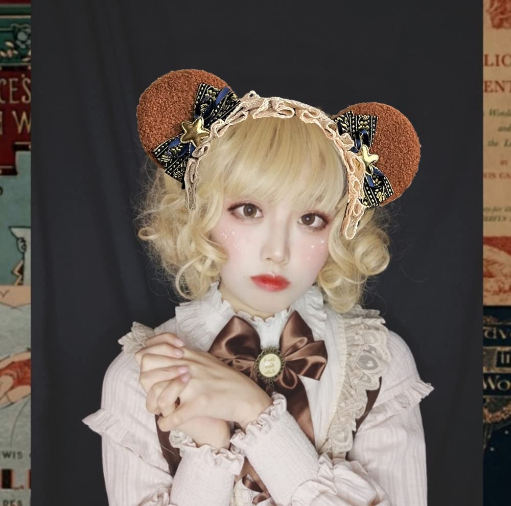 Bear Ear Headband Lolita Headpiece with Large Cotton and Cosplay Costume [SRrabbit] Ears, Off-White Lace, (Navy & Gold)