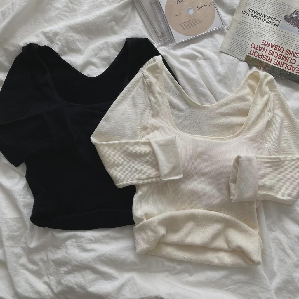 Women's Brushed Velvet Thermal U-Neck Long-Sleeve Slim Fit Top for Autumn & Winter