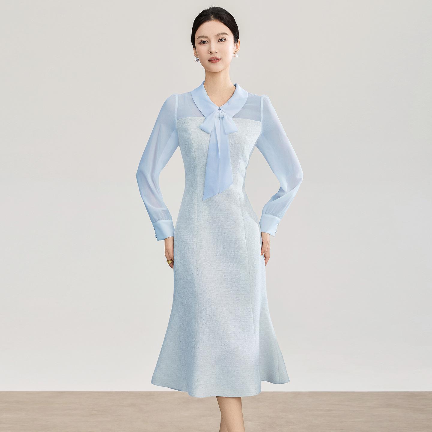 Elegant Lady Bright Silk French Fishtail Dress - Women s Spring Light Formal Attire, New Arrival XL синий