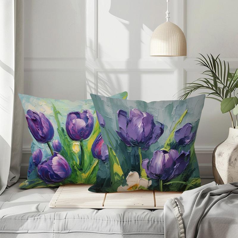 Tulip Oil Painting Print Home Decor Pillowcase Bedroom Living Room Sofa Decoration Polyester Cushion Cover With Zipper