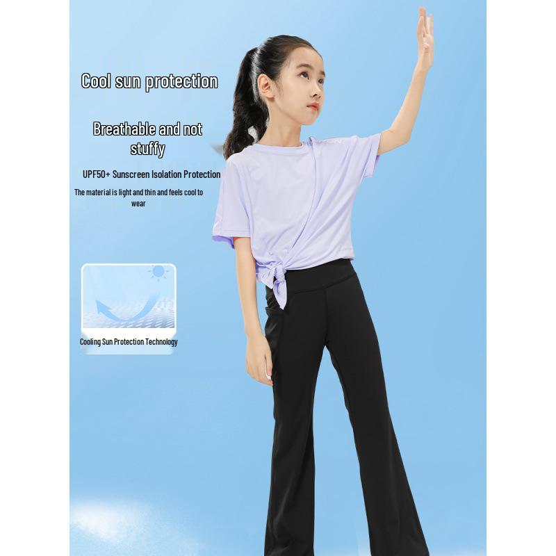 Girls' Short-Sleeve Ice Silk Activewear Set: Quick-Dry Elastic Yoga Flare Pants - Two-Piece Parent-Child Summer Outfit