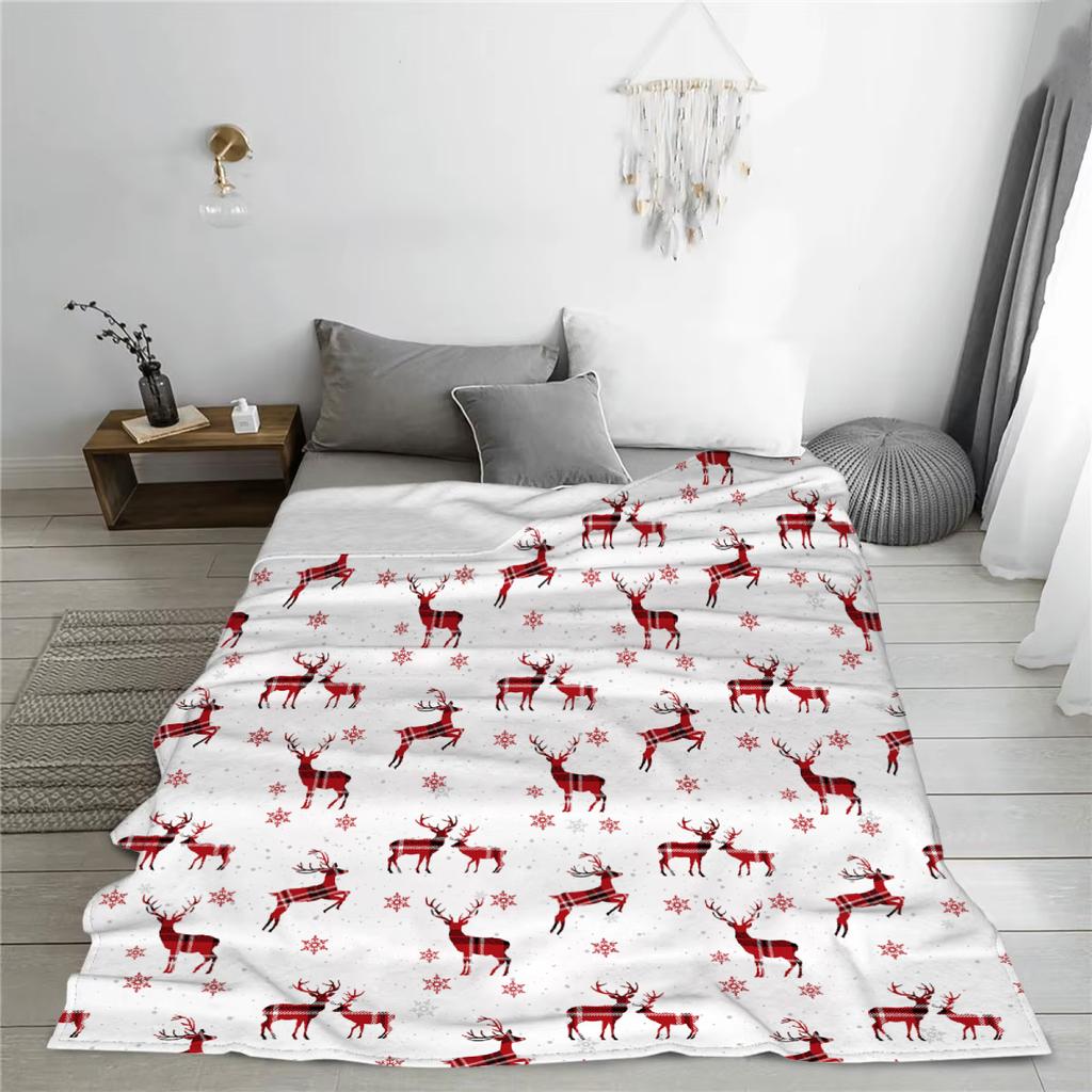 1pc Christmas Blanket Deer Snowflake Printed Smooth Flannel Blanket for Home Living Room Bedroom Decor New Year Christmas Gift