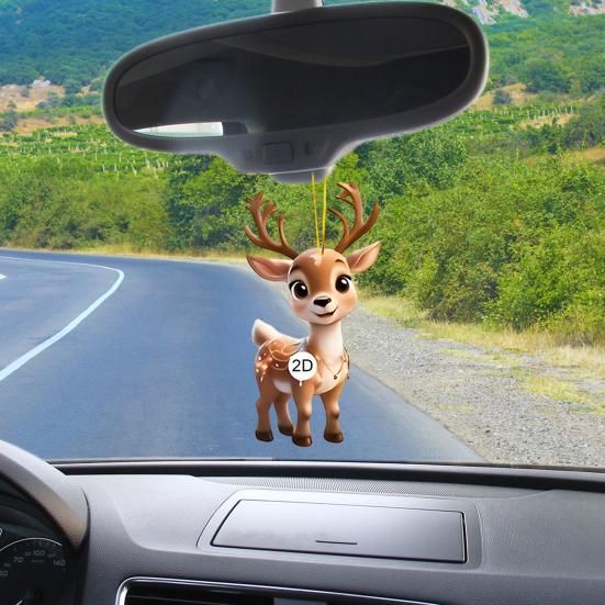 Yousheng 2D Flat Reindeer Car Rear View Mirror Charm Acrylic Cartoon Elk Christmas Tree Hanging Ornament Auto Interior Accessories for Window Wall