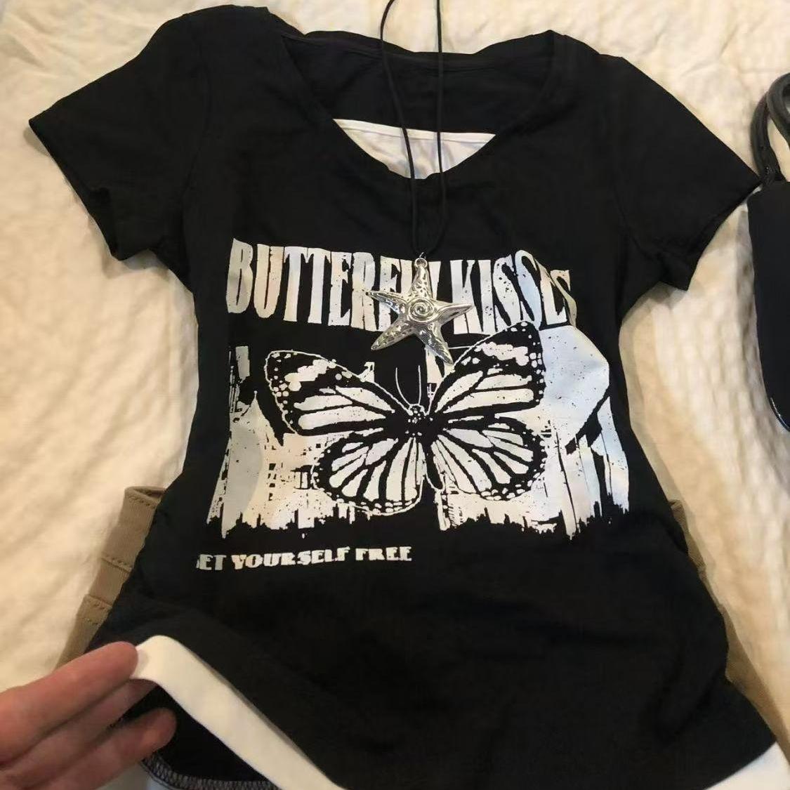 

Женские футболки Ретро Черные Футболки с бабочками Девичьи Футболки Y2K Повседневные Футболки Короткий рукав Сексуальные Женские футболки XL